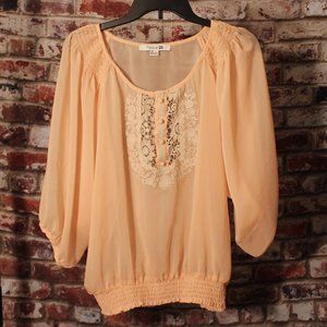 Pink Peasant Blouse with Lace and Cinched Wrist